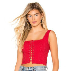 Revolve Majorelle Top Size Small Kent Red Lace Up Front Eyelet Lace Smocked Back